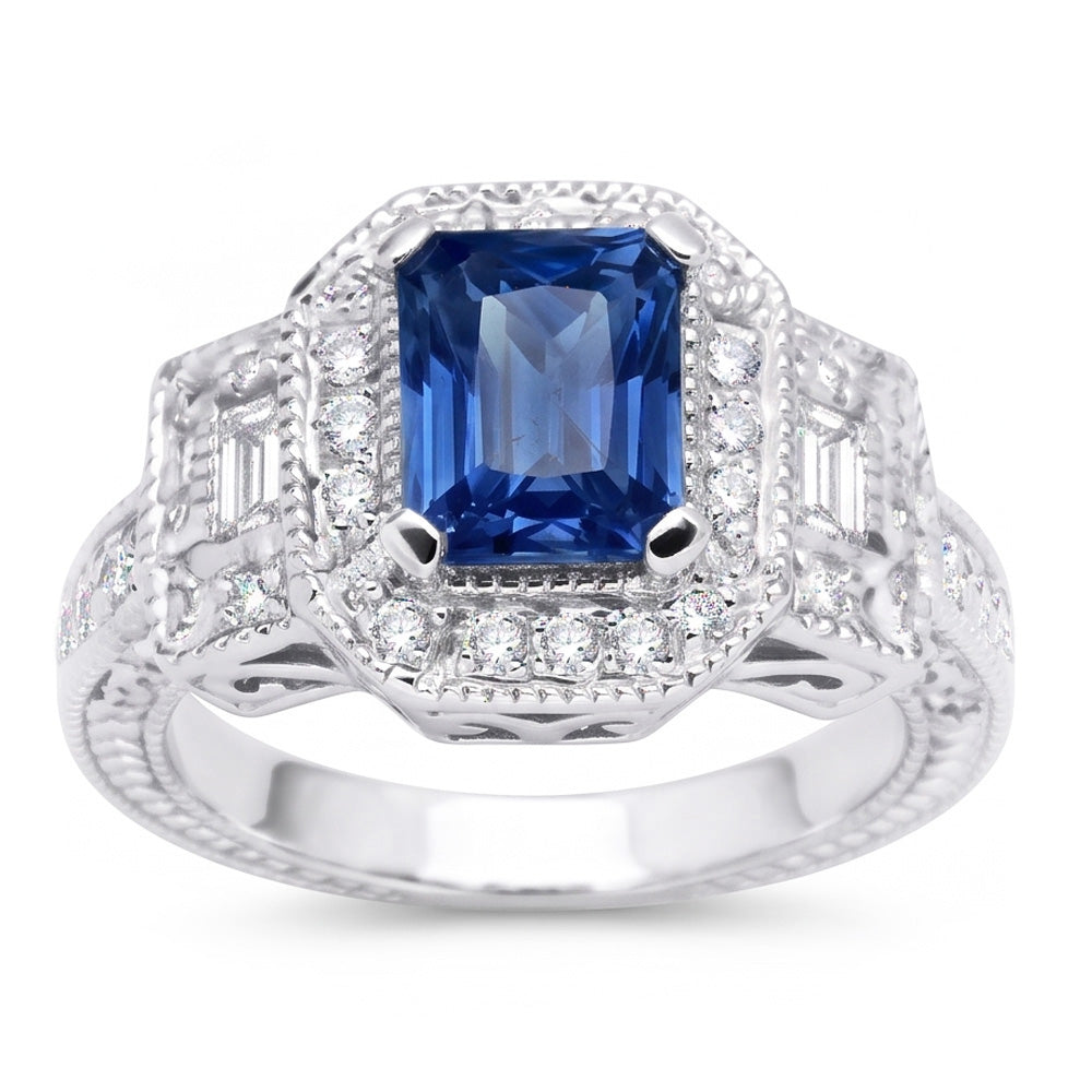 Anello Halo Diamond Zaffiro Radiante 2.50 Carati Stile Vintage Baguette