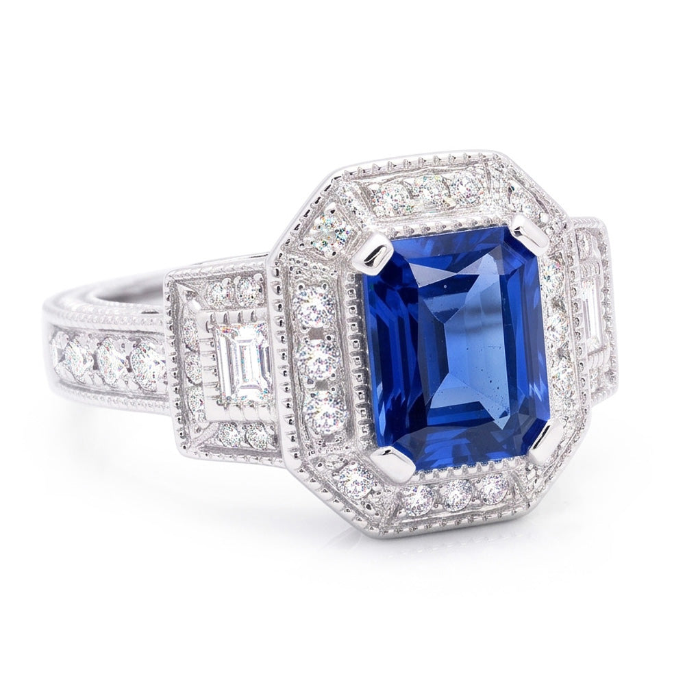 Anello Halo Diamond Zaffiro Radiante 2.50 Carati Stile Vintage Baguette
