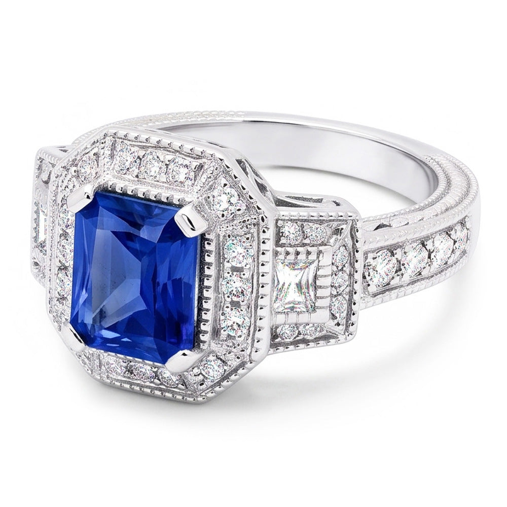Anello Halo Diamond Zaffiro Radiante 2.50 Carati Stile Vintage Baguette