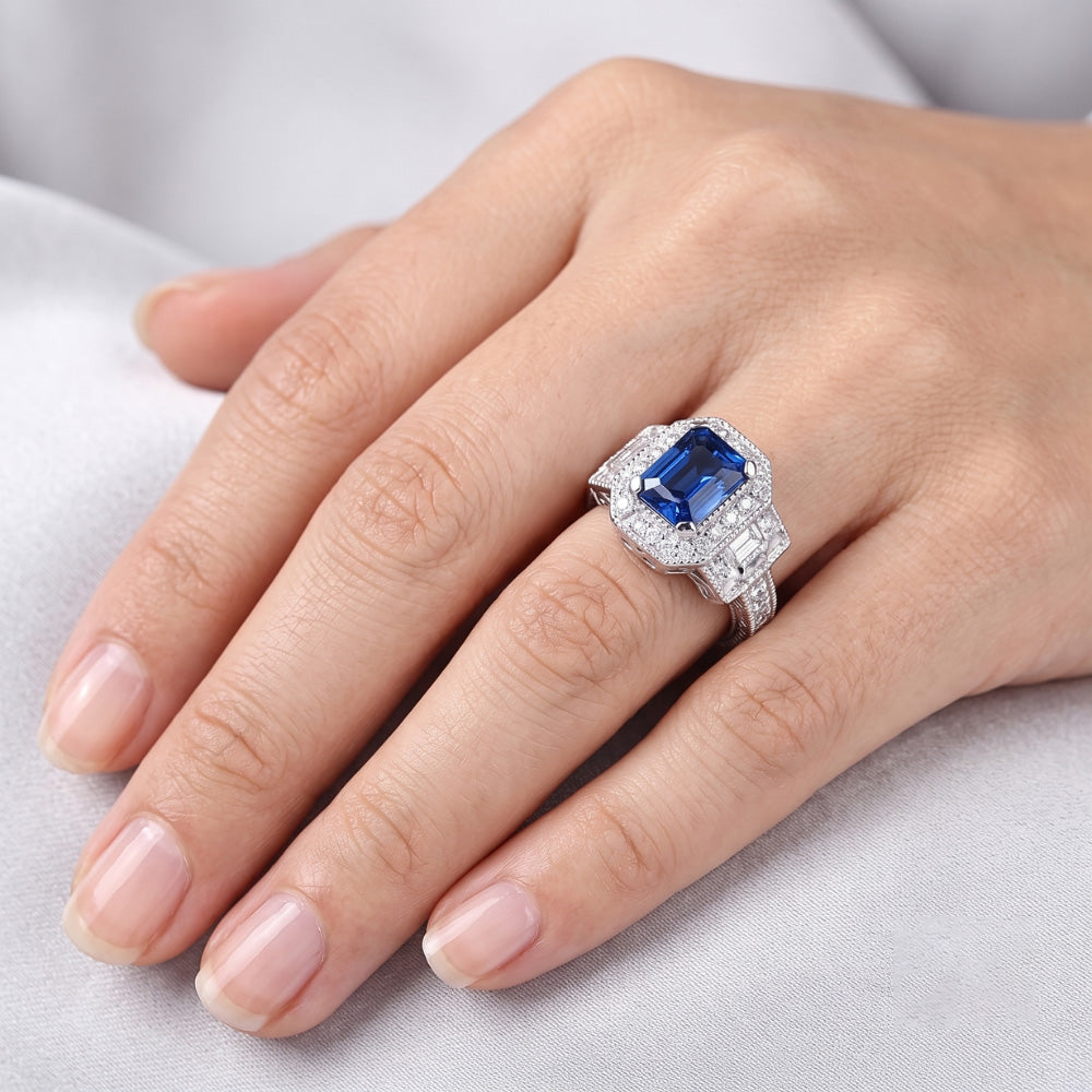 Anello Halo Diamond Zaffiro Radiante 2.50 Carati Stile Vintage Baguette
