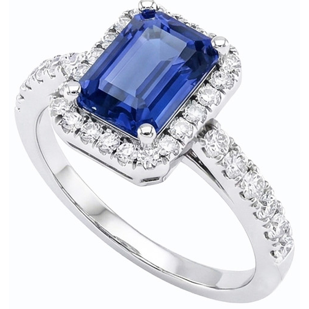 Anello Halo Donna con Gioielli in Zaffiro Blu Smeraldo 4 Carati con Diamanti Naturali Autentici ( non creati in laboratorio )