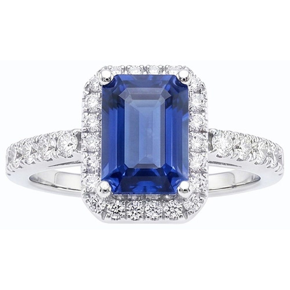 Anello Halo Donna con Gioielli in Zaffiro Blu Smeraldo 4 Carati con Diamanti Naturali Autentici ( non creati in laboratorio )