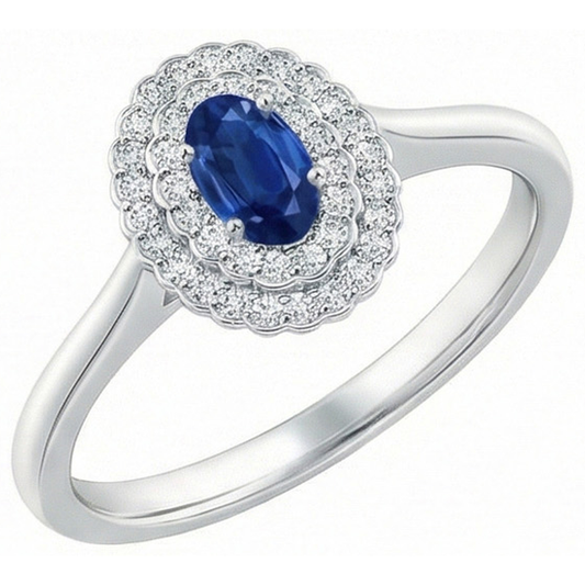Anello Halo Doppio Zaffiro Blu Con Diamanti Naturali Autentici ( non creati in laboratorio ) 3,25 Carati E Oro Bianco 14K