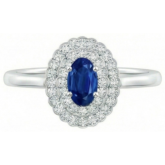 Anello Halo Doppio Zaffiro Blu Con Diamanti Naturali Autentici ( non creati in laboratorio ) 3,25 Carati E Oro Bianco 14K