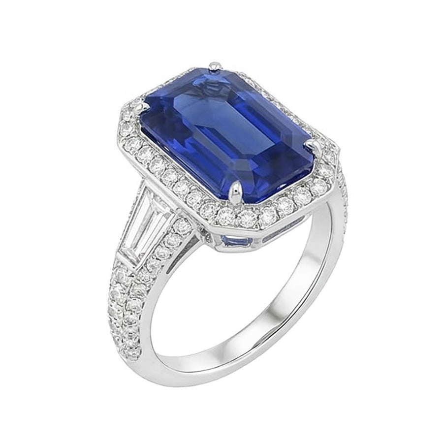 Anello Halo Emerald Zaffiro Con Diamanti Naturali Autentici ( non creati in laboratorio ) Rotondi E Baguette 4 Carati