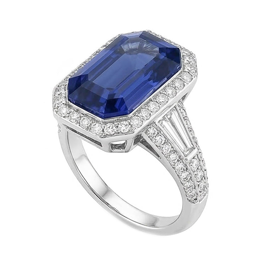Anello Halo Emerald Zaffiro Con Diamanti Naturali Autentici ( non creati in laboratorio ) Rotondi E Baguette 4 Carati