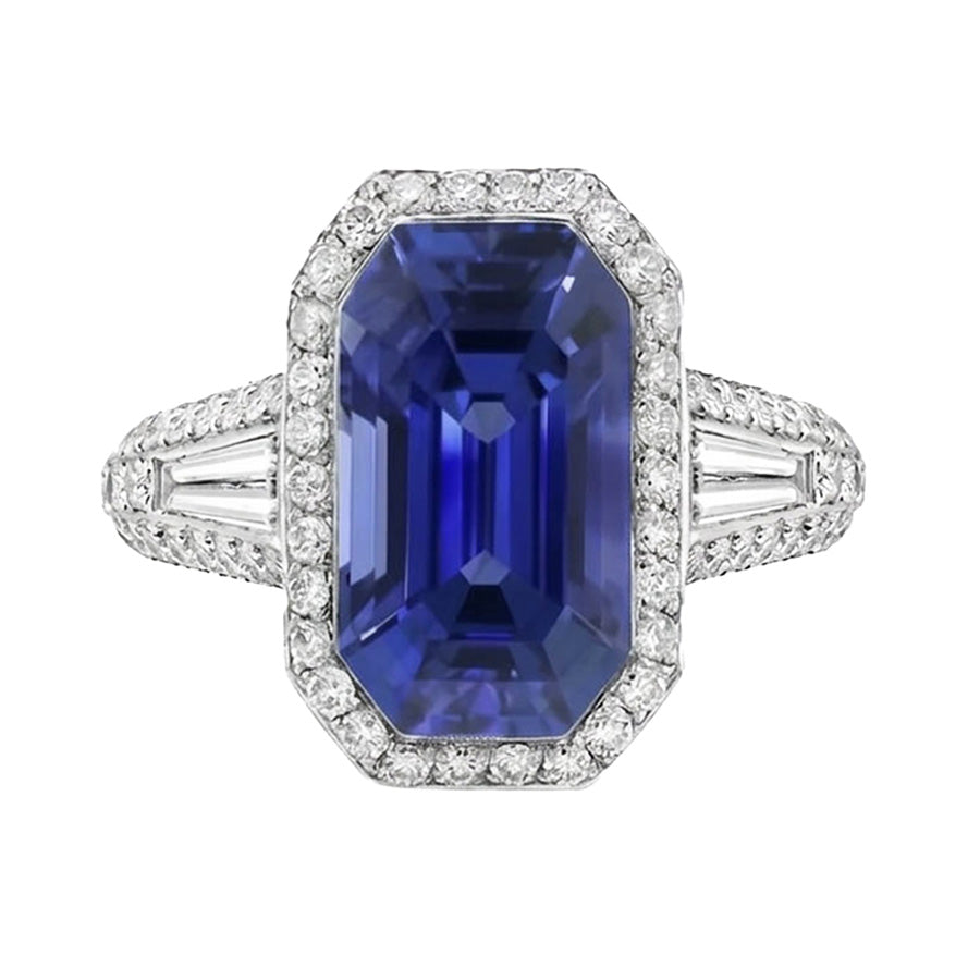 Anello Halo Emerald Zaffiro Con Diamanti Naturali Autentici ( non creati in laboratorio ) Rotondi E Baguette 4 Carati