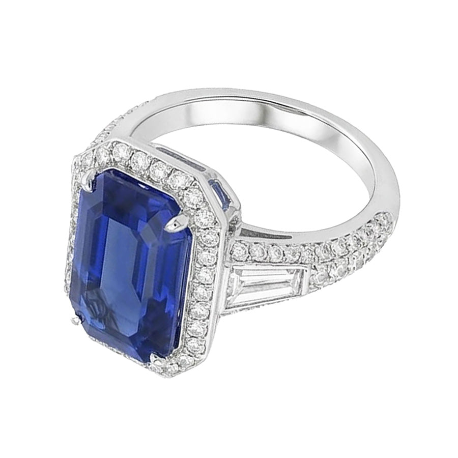 Anello Halo Emerald Zaffiro Con Diamanti Naturali Autentici ( non creati in laboratorio ) Rotondi E Baguette 4 Carati