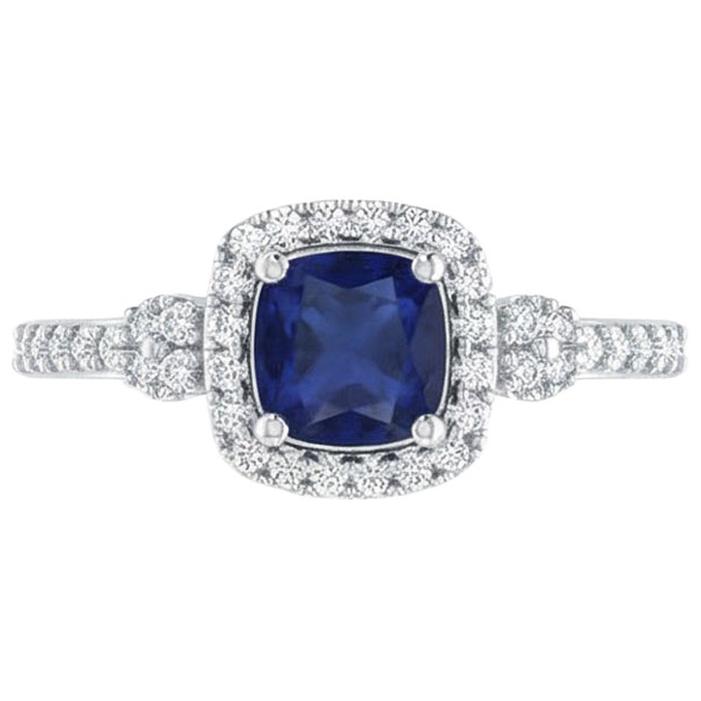 Anello Halo Fancy in oro bianco 14K con zaffiro di Ceylon da 2,45 ct e diamanti