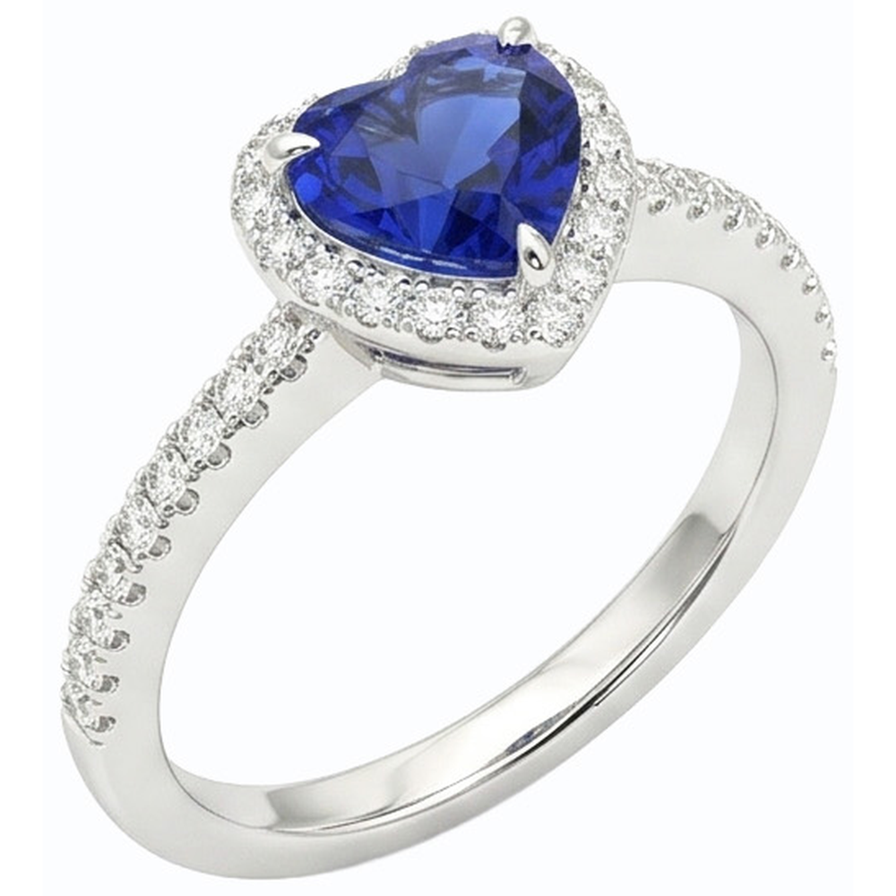 Anello Halo Heart con zaffiro Ceylon 3 carati e pavé di diamanti in oro bianco 14K