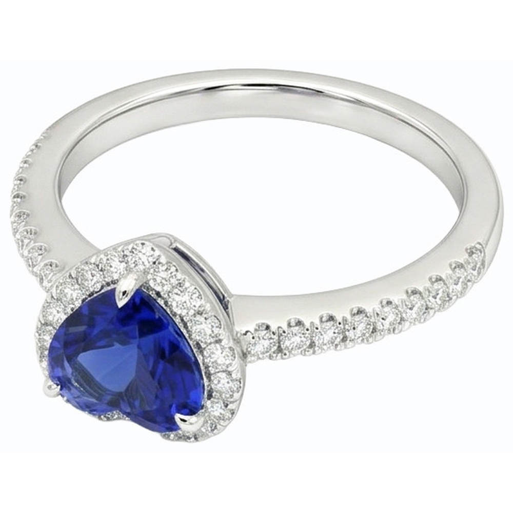 Anello Halo Heart con zaffiro Ceylon 3 carati e pavé di diamanti in oro bianco 14K