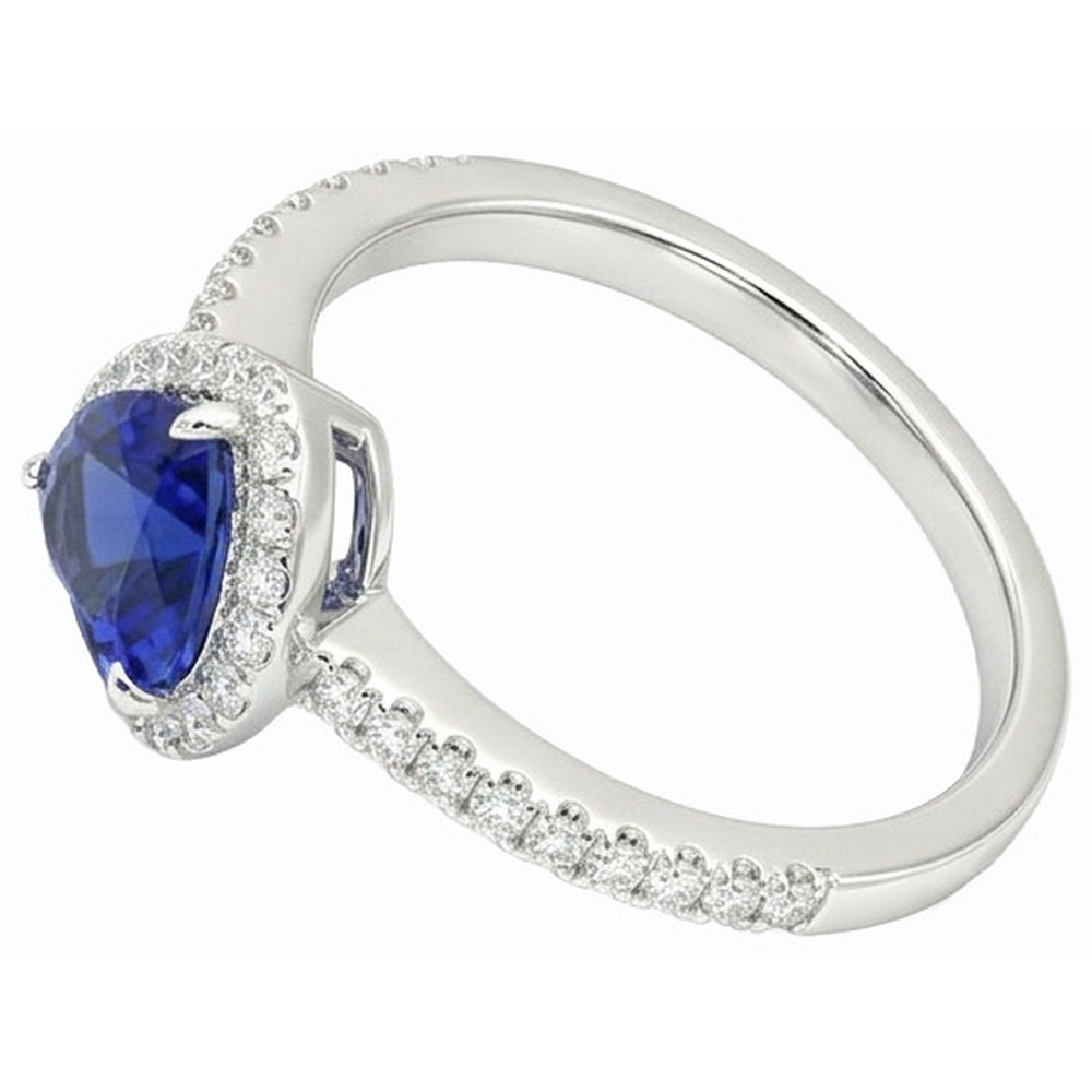 Anello Halo Heart con zaffiro Ceylon 3 carati e pavé di diamanti in oro bianco 14K