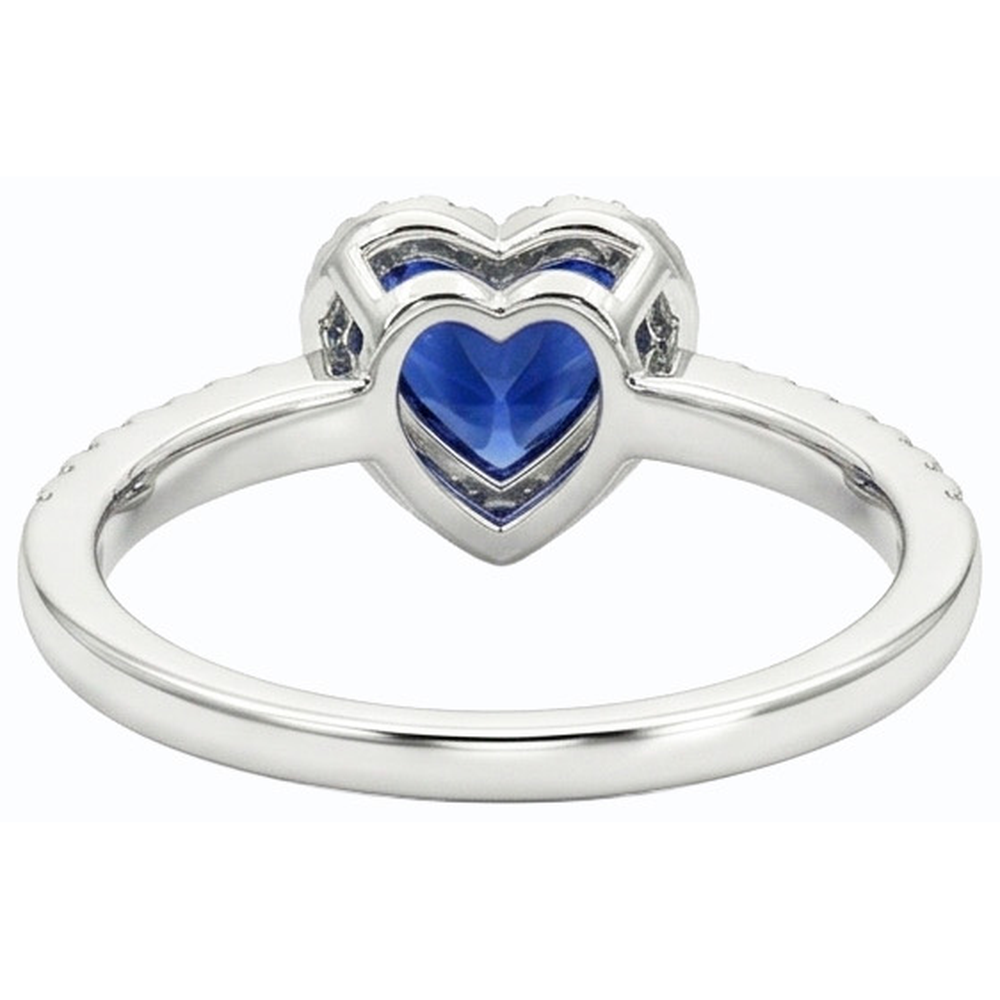 Anello Halo Heart con zaffiro Ceylon 3 carati e pavé di diamanti in oro bianco 14K