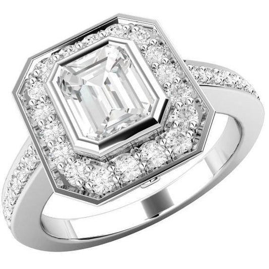 Anello Halo In Oro Bianco Con Smeraldo Da 3.75 Ct E Vero Diamante A Taglio Rotondo