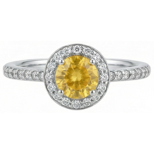 Anello Halo In Oro Bianco Con Zaffiro Giallo Tondo E Diamanti Naturali Autentici ( non creati in laboratorio ) 4.50 Carati