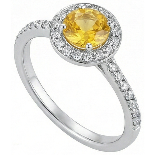 Anello Halo In Oro Bianco Con Zaffiro Giallo Tondo E Diamanti Naturali Autentici ( non creati in laboratorio ) 4.50 Carati