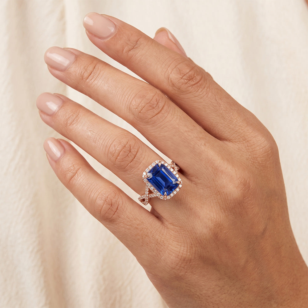 Anello Halo Infinity Style Smeraldo Blu Zaffiro e Diamante 4.50 Carati