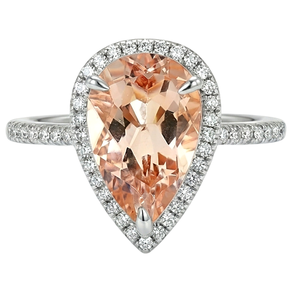 Anello Halo Morganite 10 Ct Con Diamanti Oro Bianco 14K
