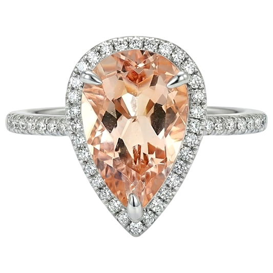 Anello Halo Morganite 10 Ct Con Diamanti Oro Bianco 14K