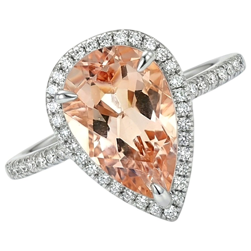 Anello Halo Morganite 10 Ct Con Diamanti Oro Bianco 14K