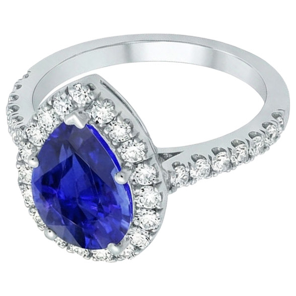 Anello Halo Oro Bianco Pera Zaffiro Sri Lanka & Diamanti Naturali Autentici ( non creati in laboratorio ) 6 Carati