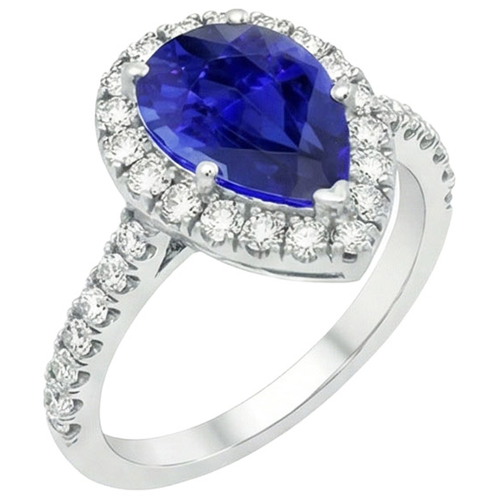 Anello Halo Oro Bianco Pera Zaffiro Sri Lanka & Diamanti Naturali Autentici ( non creati in laboratorio ) 6 Carati
