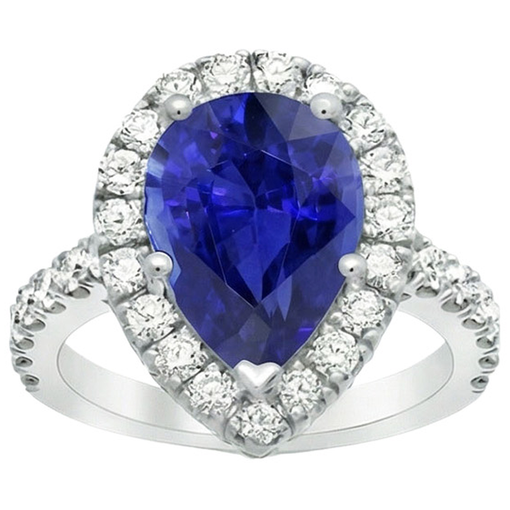 Anello Halo Oro Bianco Pera Zaffiro Sri Lanka & Diamanti Naturali Autentici ( non creati in laboratorio ) 6 Carati
