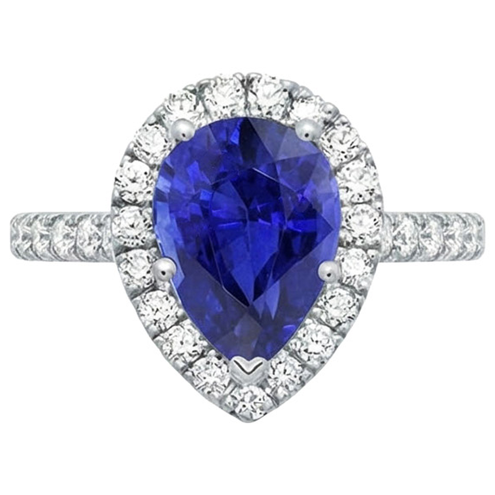 Anello Halo Oro Bianco Pera Zaffiro Sri Lanka & Diamanti Naturali Autentici ( non creati in laboratorio ) 6 Carati