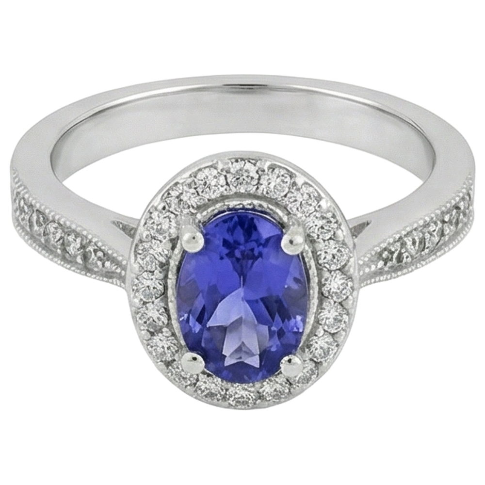 vero oval tanzanite 10.25carati anello dettaglio ravvicinato