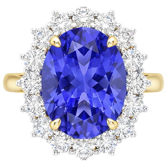 Anello Halo Oval Tanzanite AAA Diamanti Naturali Autentici ( non creati in laboratorio ) 8.50 Carati Oro bicolore