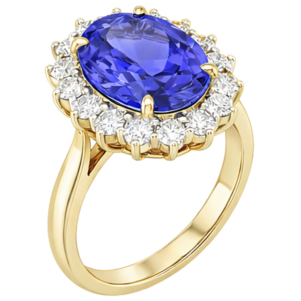 Anello Halo Oval Tanzanite AAA Diamanti Naturali Autentici ( non creati in laboratorio ) 8.50 Carati Oro bicolore