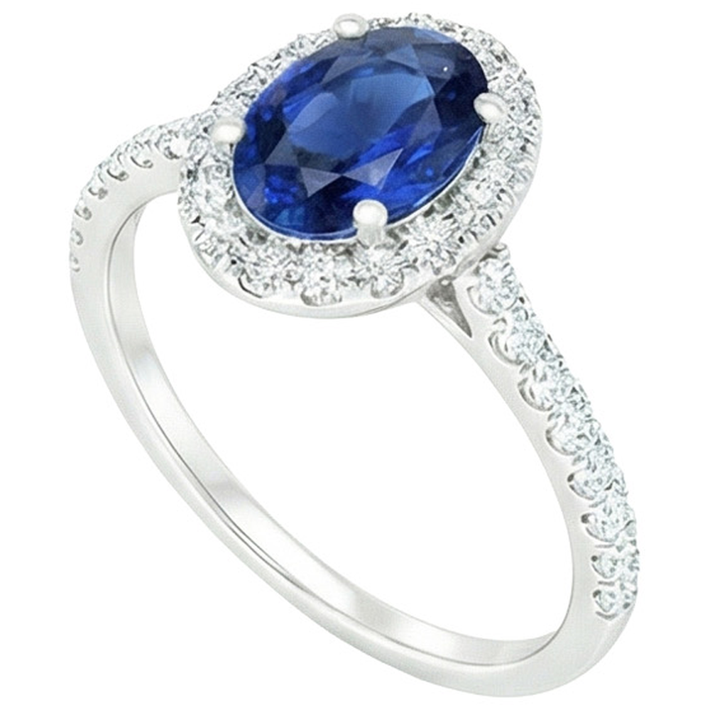 Anello Halo Ovale Con Diamante Zaffiro Blu Con Accenti Oro Bianco 6 Carati