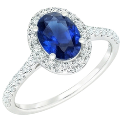 Anello Halo Ovale Con Diamante Zaffiro Blu Con Accenti Oro Bianco 6 Carati