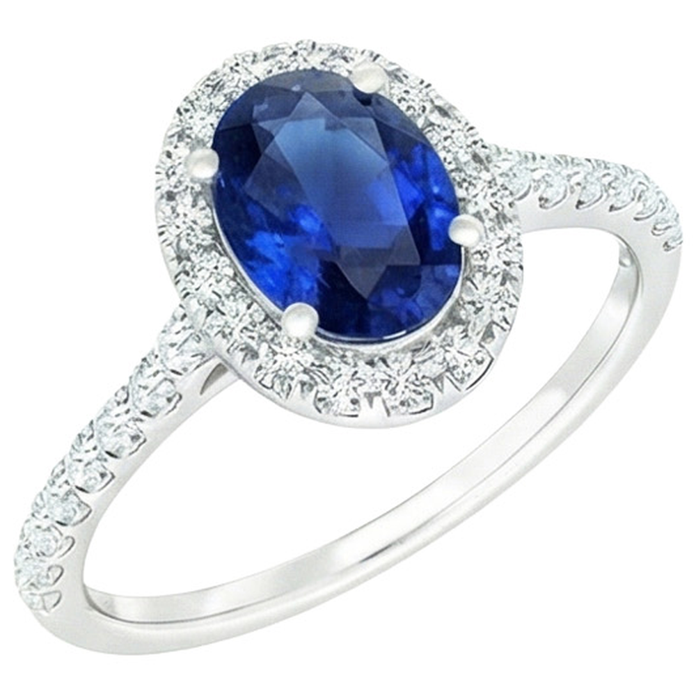 Anello Halo Ovale Con Diamante Zaffiro Blu Con Accenti Oro Bianco 6 Carati