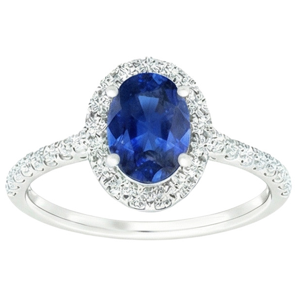 Anello Halo Ovale Con Diamante Zaffiro Blu Con Accenti Oro Bianco 6 Carati