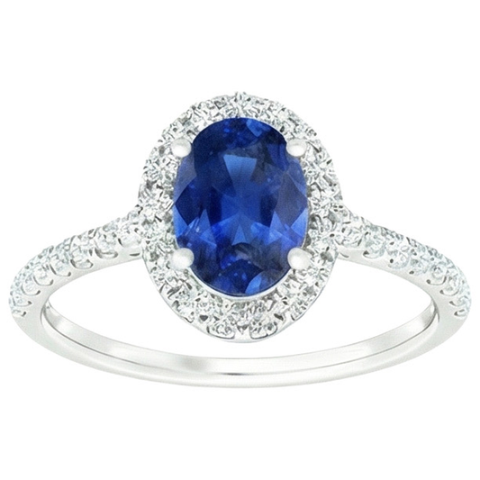 Anello Halo Ovale Con Diamante Zaffiro Blu Con Accenti Oro Bianco 6 Carati