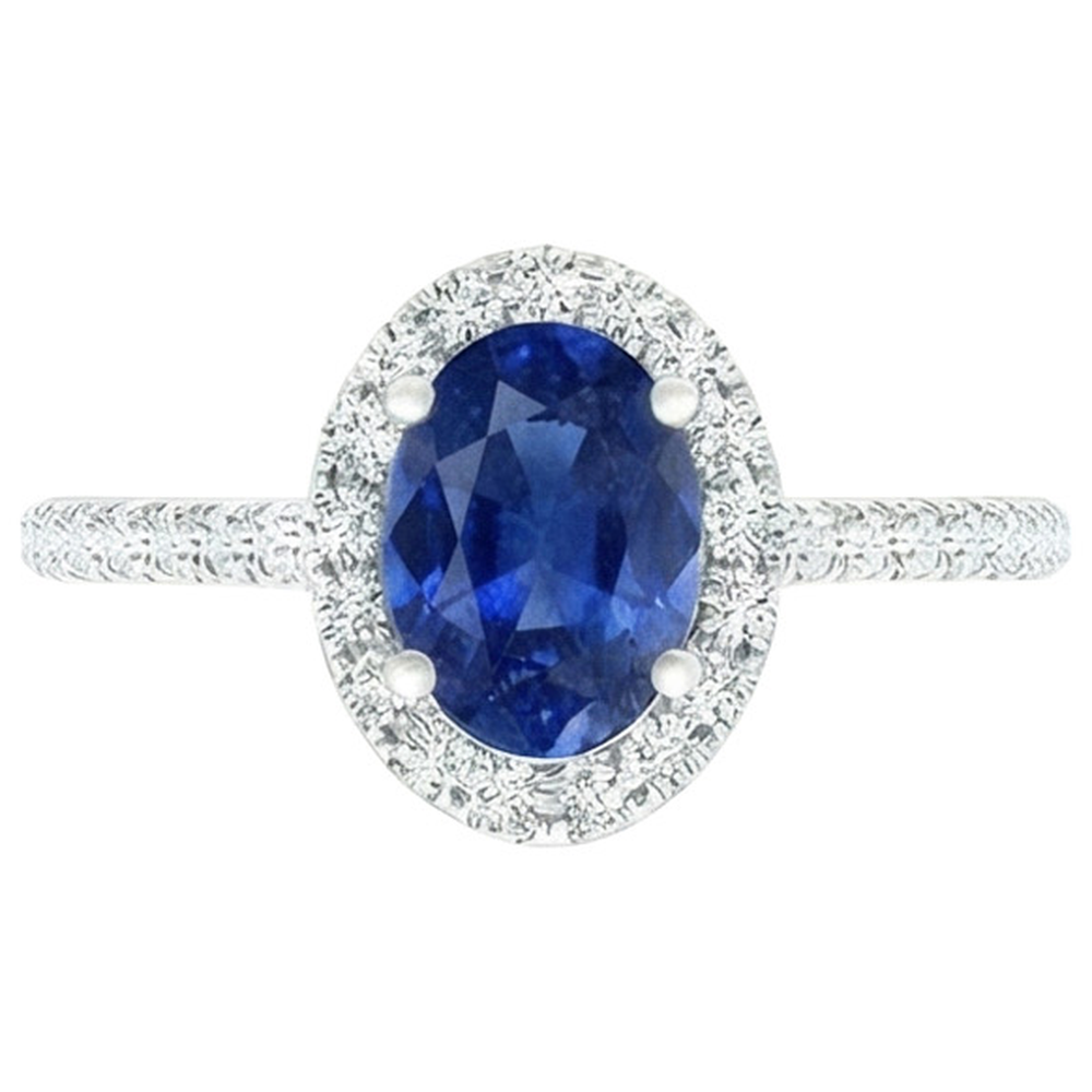 Anello Halo Ovale Con Diamante Zaffiro Blu Con Accenti Oro Bianco 6 Carati