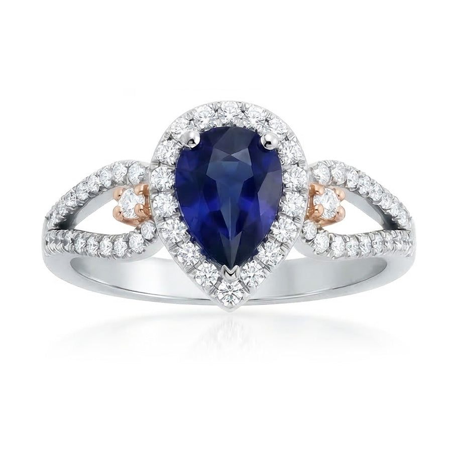 Anello Halo Pera Ceylon Zaffiro Gioielli Da donna Con Diamanti Naturali Autentici ( non creati in laboratorio )