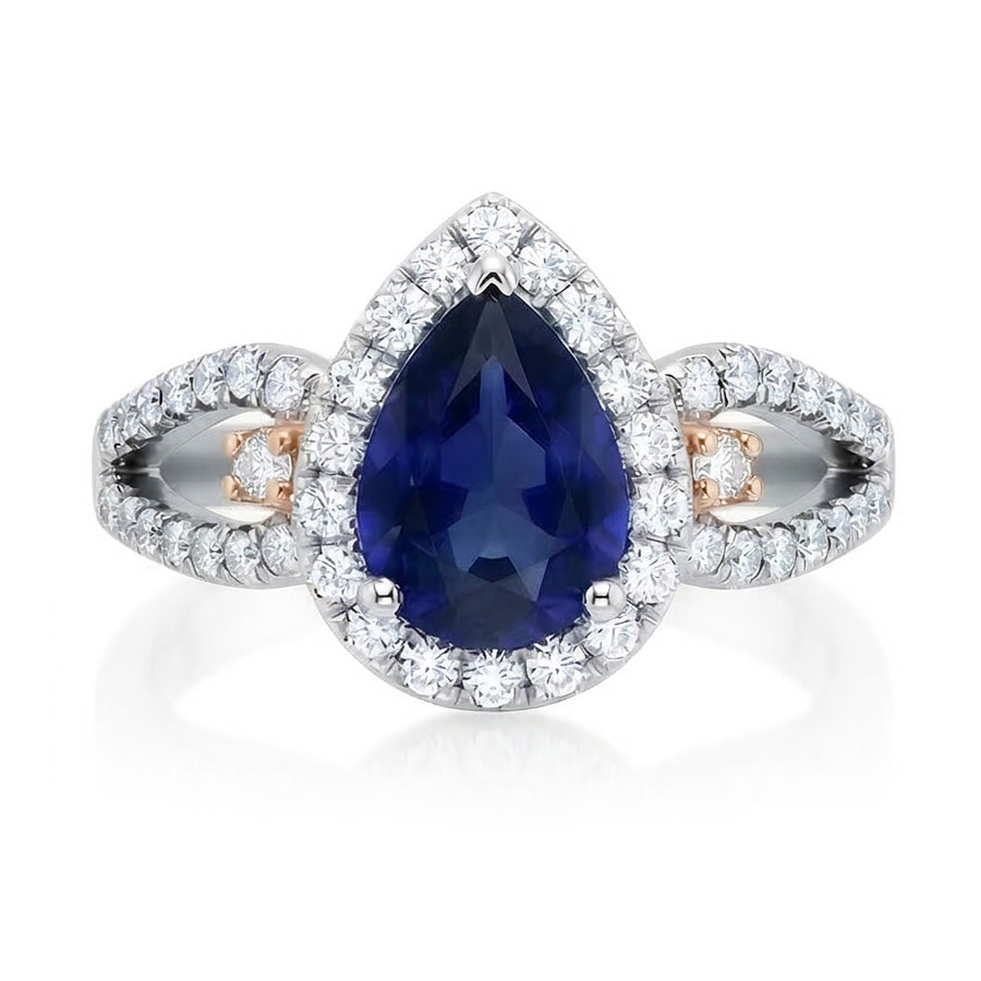 Anello Halo Pera Ceylon Zaffiro Gioielli Da donna Con Diamanti Naturali Autentici ( non creati in laboratorio )