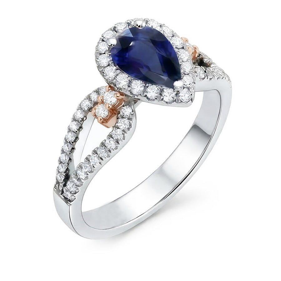 Anello Halo Pera Ceylon Zaffiro Gioielli Da donna Con Diamanti Naturali Autentici ( non creati in laboratorio )