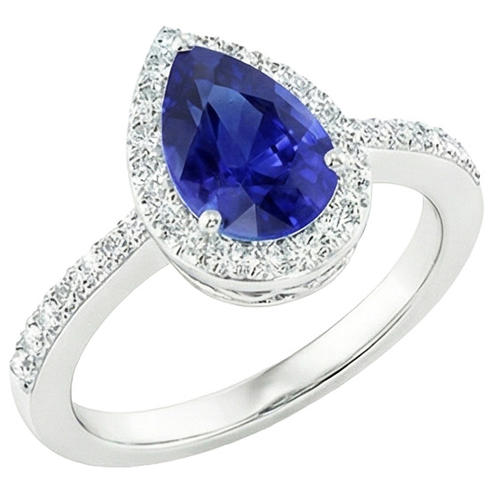 Anello Halo Pera Zaffiro di Ceylon e pavé di diamanti 4.50 carati