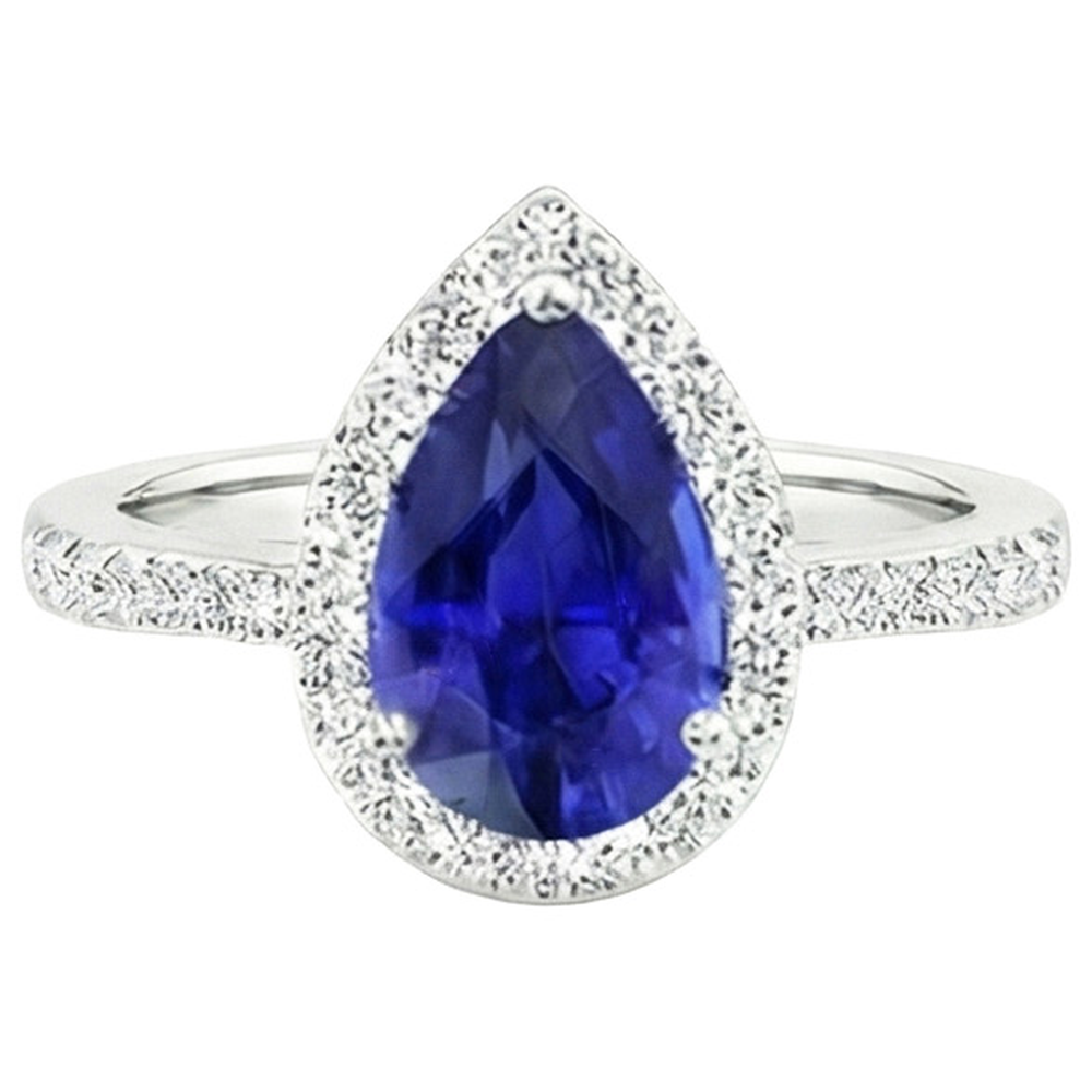 Anello Halo Pera Zaffiro di Ceylon e pavé di diamanti 4.50 carati