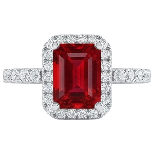 Anello Halo Rosso Rubino Con Diamanti 4.45 Carati Oro Bianco 14K Nuovo