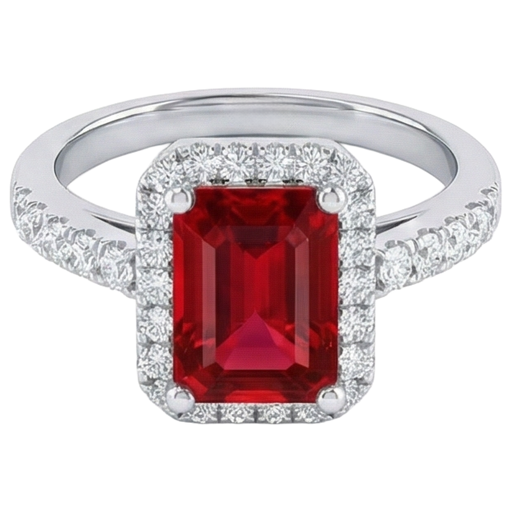 Anello Halo Rosso Rubino Con Diamanti 4.45 Carati Oro Bianco 14K Nuovo