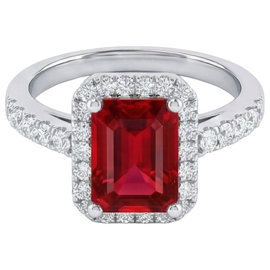Anello Halo Rosso Rubino Con Diamanti 4.45 Carati Oro Bianco 14K Nuovo