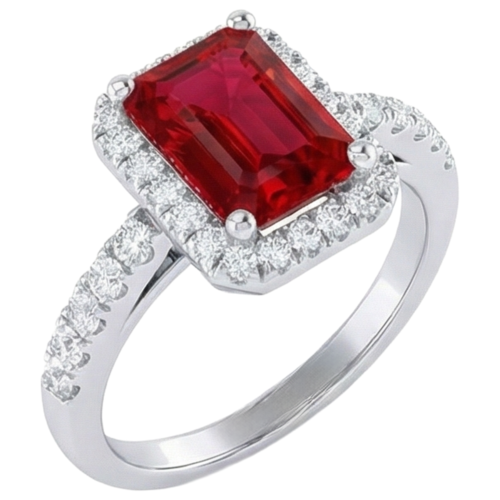 Anello Halo Rosso Rubino Con Diamanti 4.45 Carati Oro Bianco 14K Nuovo