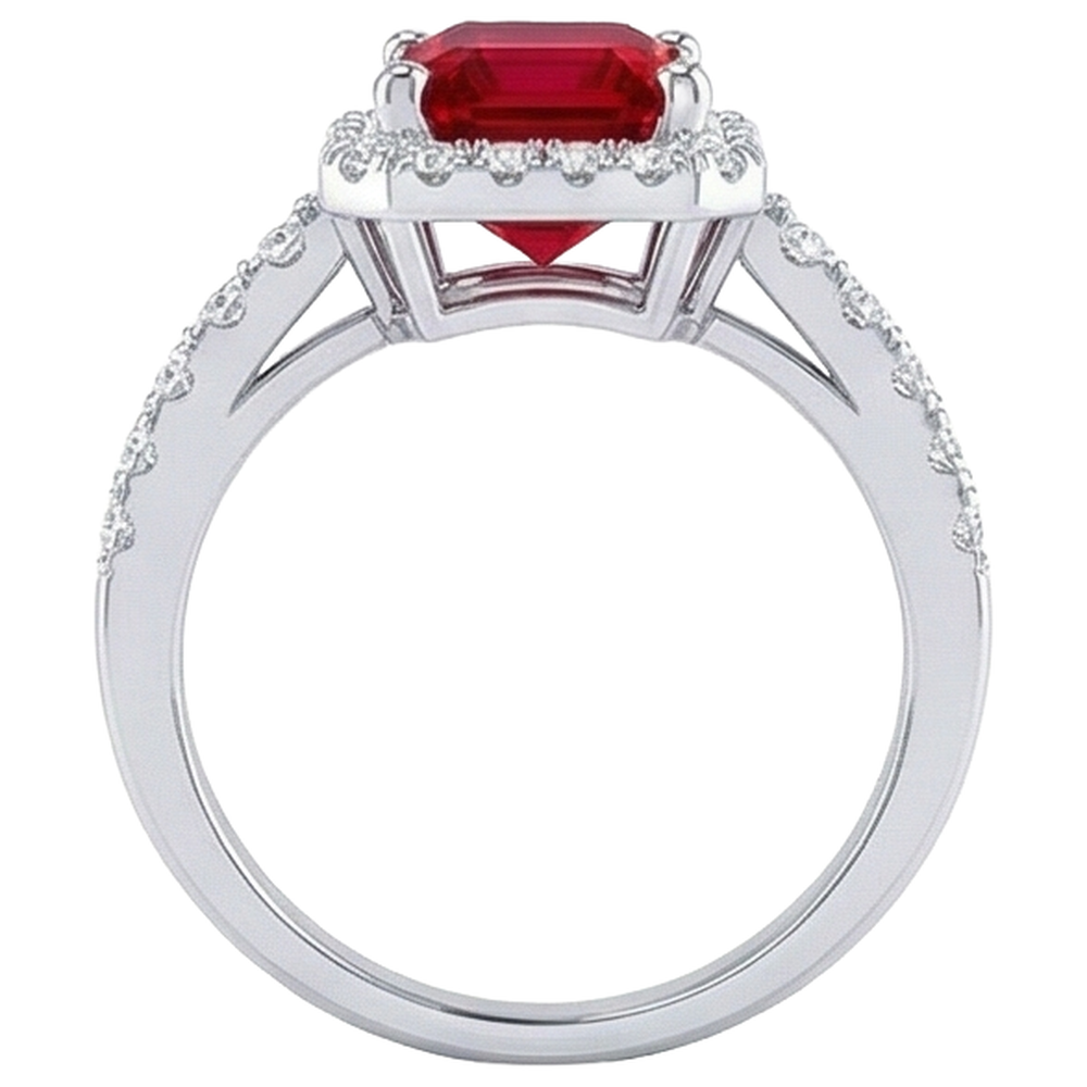 Anello Halo Rosso Rubino Con Diamanti 4.45 Carati Oro Bianco 14K Nuovo