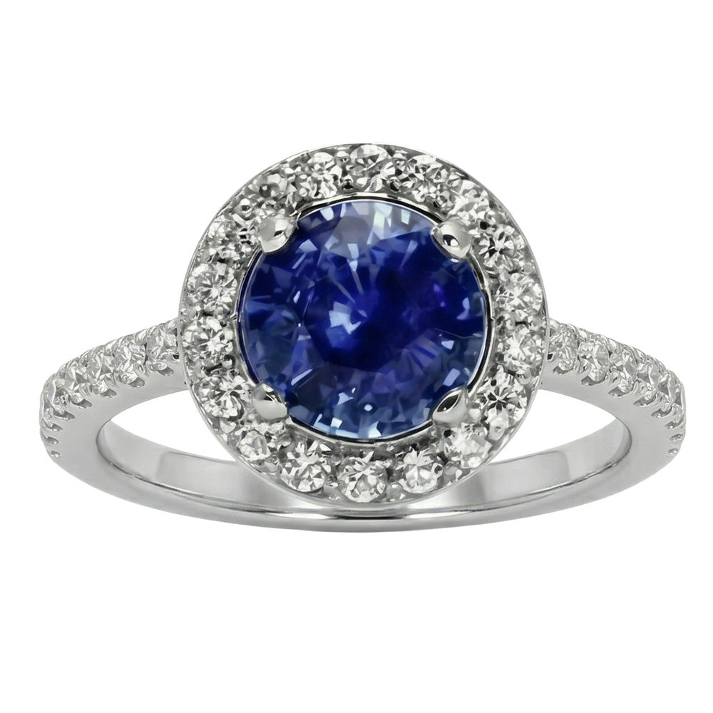 Anello Halo Round Zaffiro Ceylon Diamante Naturale Autentico ( non creato in laboratorio ) Oro Bianco 14K