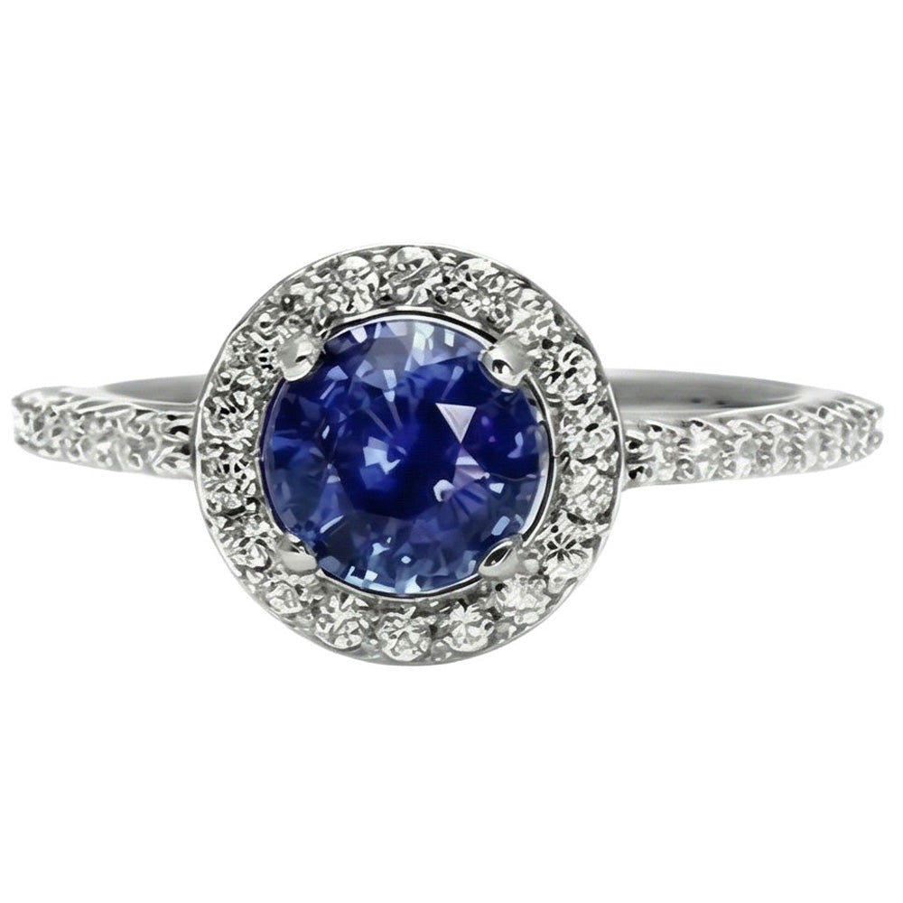 Anello Halo Round Zaffiro Ceylon Diamante Naturale Autentico ( non creato in laboratorio ) Oro Bianco 14K