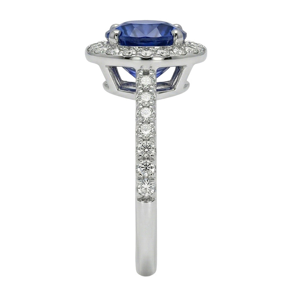 Anello Halo Round Zaffiro Ceylon Diamante Naturale Autentico ( non creato in laboratorio ) Oro Bianco 14K